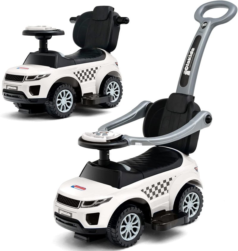 Olakids 4 in 1 Ride on Push Car, Toddlers Stroller Sliding Walking Toy with Horn, Music, Lights, Removable Guardrails Handle, Underneath Storage, Foot-to-Floor Walker for Boys Girls (Ivory White) - Image 1